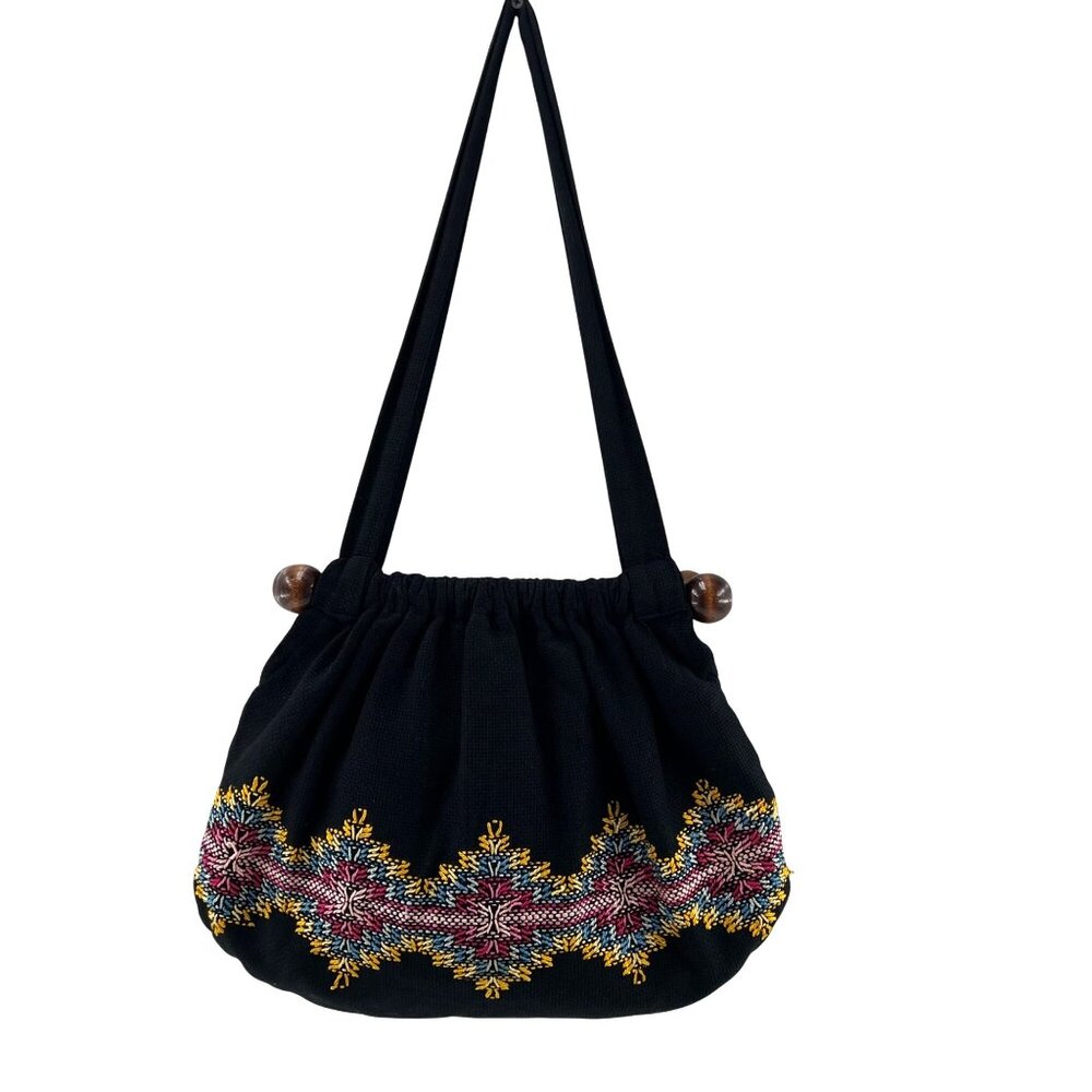 Handmade Black Shoulder‎ Bag Colorful Embroidery & Wooden Accents reversible